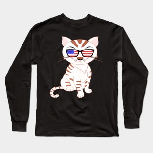 Cute Kitty Cat 4th July Usa American Flag Sunglasses Gift Long Sleeve T-Shirt